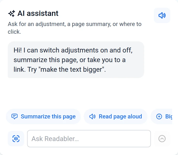 The Readabler AI assistant panel, with quick actions and a question box