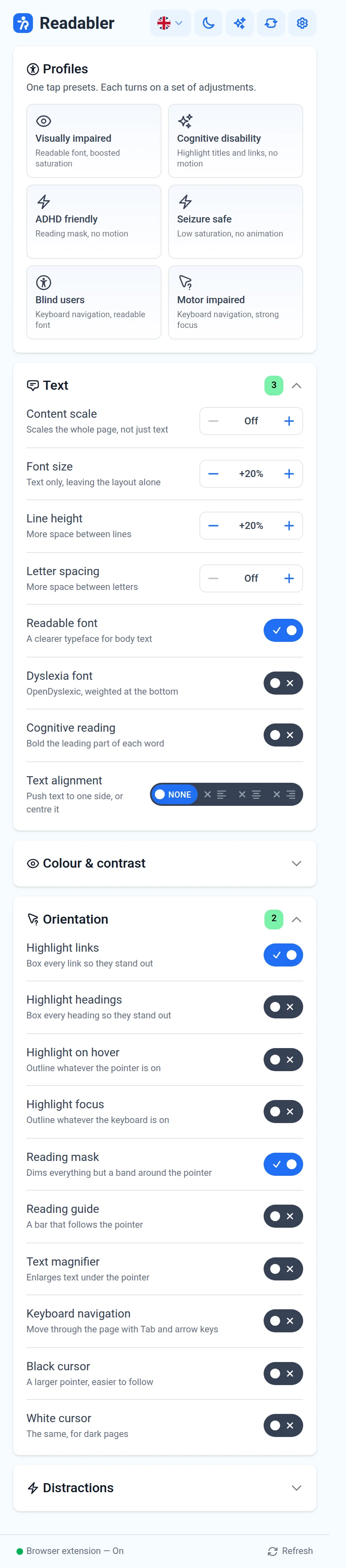 The complete Readabler extension panel, fully expanded: profiles, Text, Colour and contrast, Orientation and Distractions groups